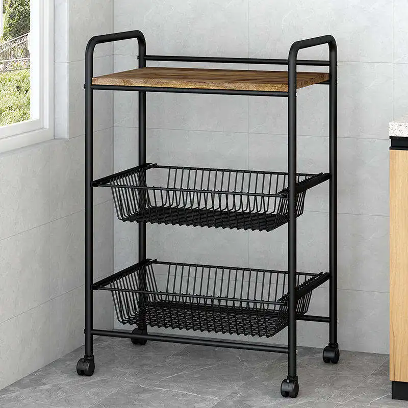Kitchen 3 Layer Wrought Iron Storage Rack Living Room Storage Trolley Removable Metal Storage Rack With Wheels