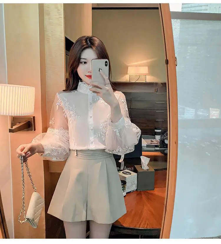 2024 Spring Sweet Style Lantern Sleeve Chiffon Shirt Women Embroidered Flower White Blouses Female Mesh Stitching Pure Top