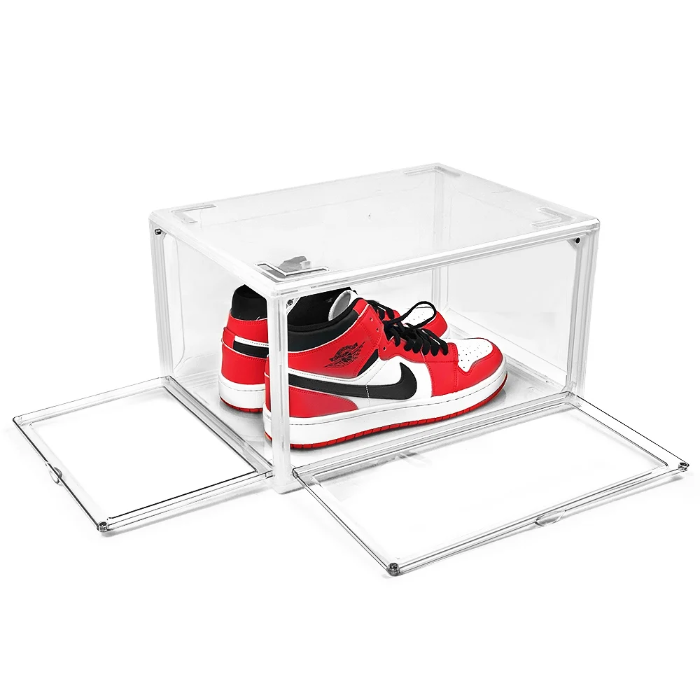 Transparent Acrylic Magnetic Drop Side Open Door Shoe Storage Container Box Foldable Sneaker Organizer Case for Shoe