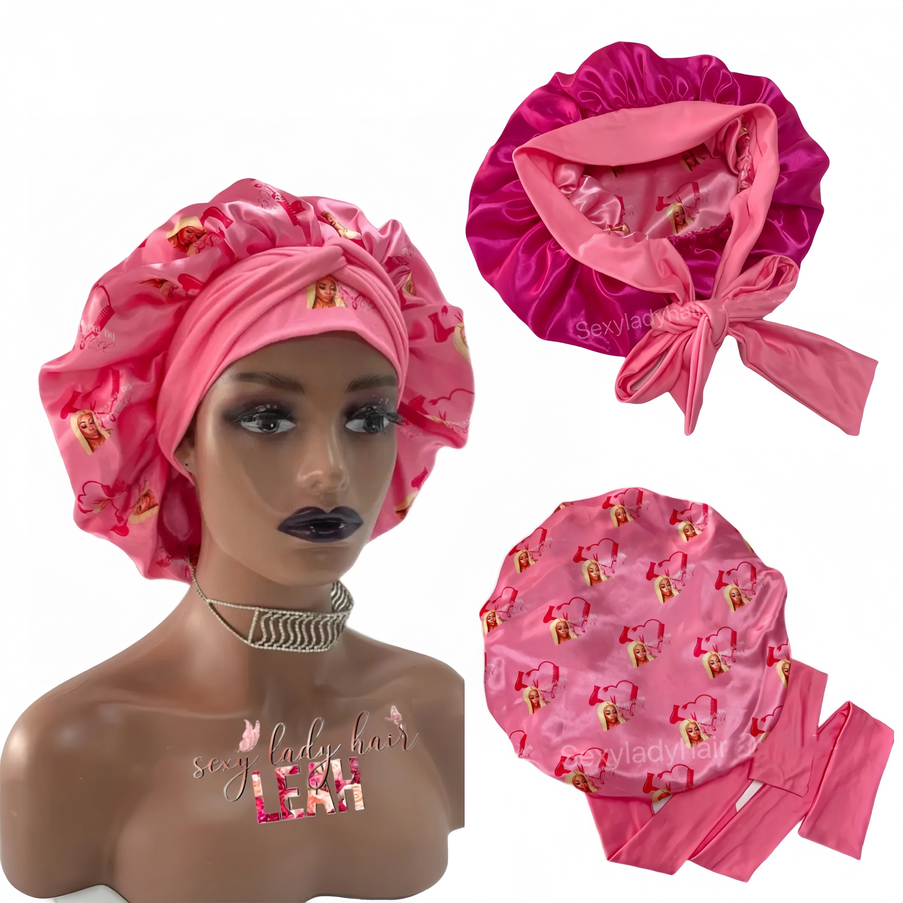 Custom Double Layer Satin Bonnets With Soft Stretchy Fiber Wide Elastic Band Night Bonnet Plain Style Hair Sleep Hat