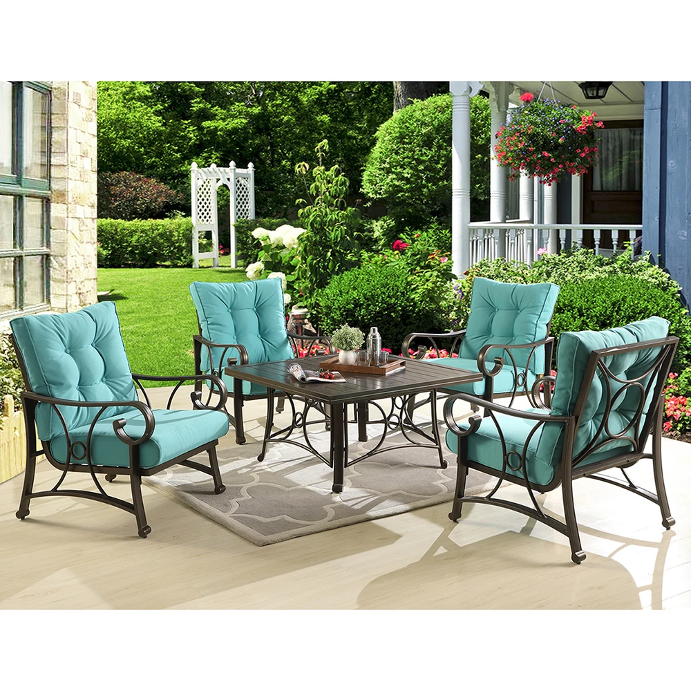 brown aluminum garden coffee table and chairs set with soft cushion