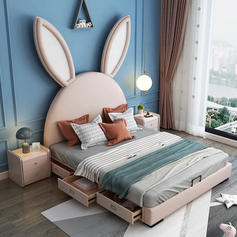 Airland Modern Kids Bedroom Furnitures Children Upholstered Beds Home Rabbit Genuine Leather Soft Backrest Storage Wooden Bed