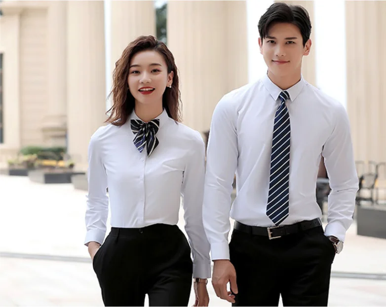 Men Women Clerk Business Formal Wear Long Sleeve Dress Shirts Custom Logo Solid Color White Work Shirt