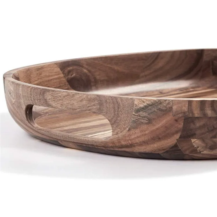 Custom Tableware Elegant Curved Design Oval Structure Crafted Natural Solid Wood Serving Tray Plant Wooden Trays