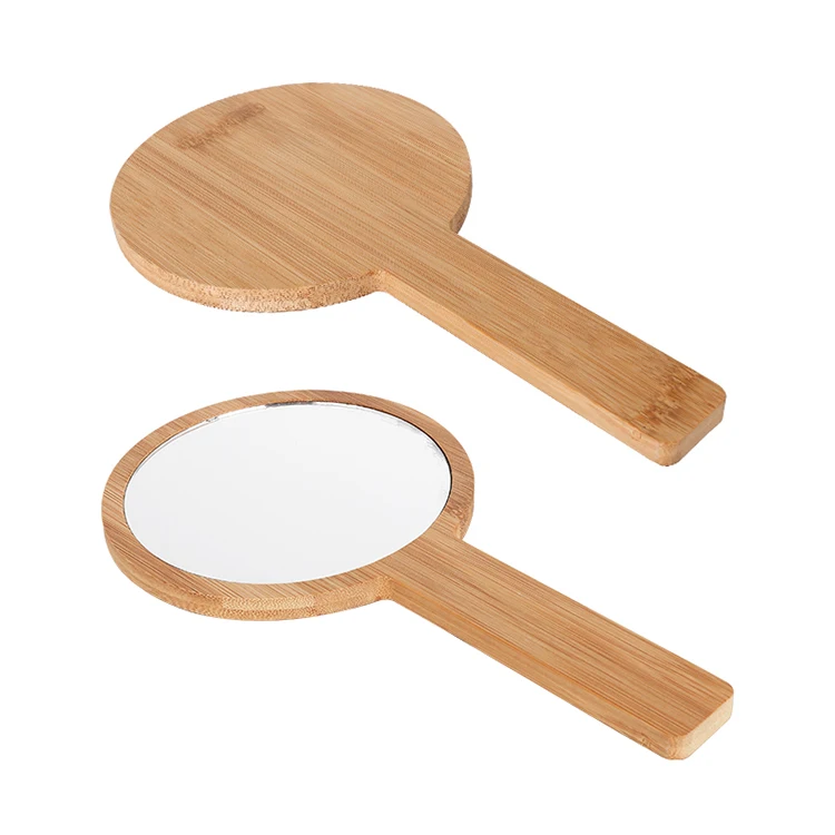 wholesale custom portable small round handheld makeup mirror bamboo framed hand cosmetic mirror with private label for travel