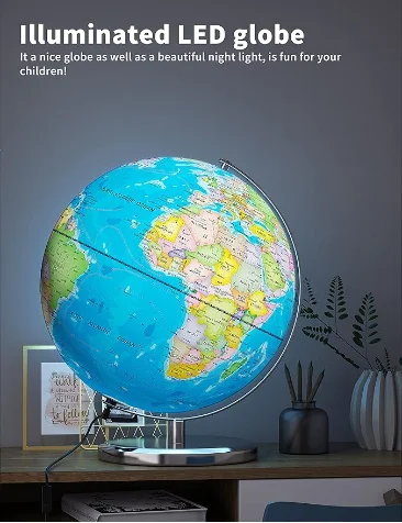 World Globe Illuminated Educational Globes with Printed Map for Kids Classroom Learning LED Globe Lamp with Stable Metal Base
