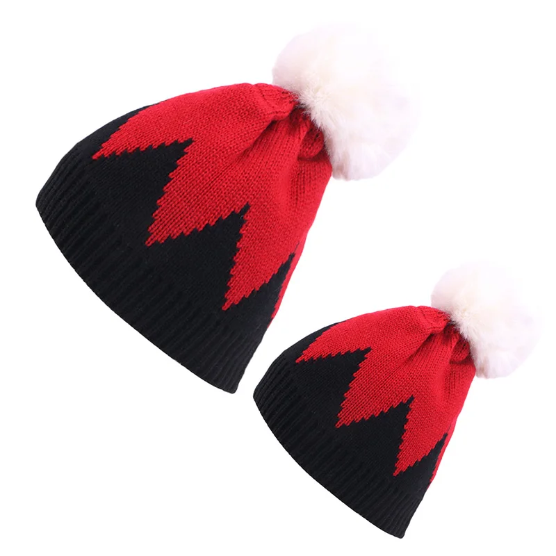 Mommy And Baby Winter Hats Two Pieces/Set Knitted Color Block Fashion Christmas Style Hats