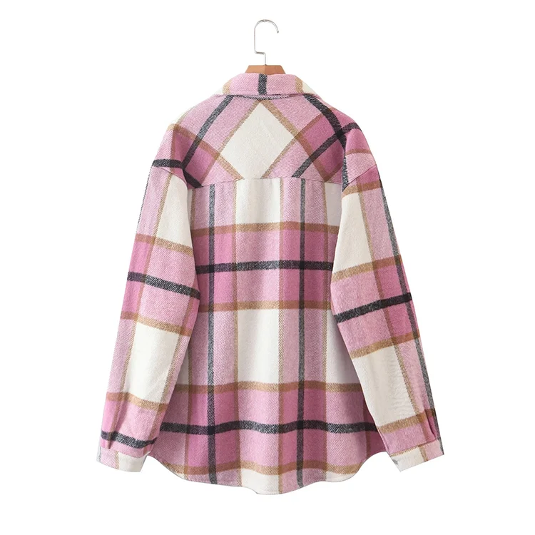Women Fashion Lapel Collar Long Sleeve Loose Outerwear Vintage Stylish Pockets Oversized Plaid Jacket Coat
