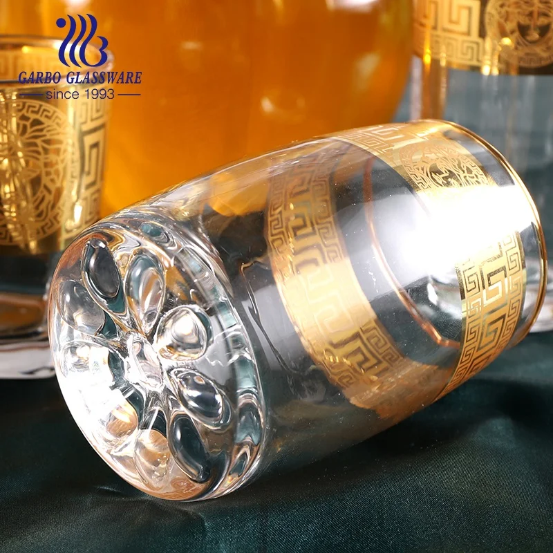 Golden rim glass pitcher and cups set for Arabic tea unfading ion electroplated color glass drinking jug and tumblers set of 7