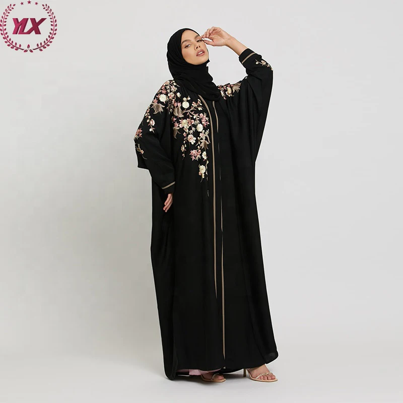 Women Dubai Muslim Dress New Turkey Dresses 2023 Summer Black Floral Embroidered Open Modest Abaya Islamic Clothing Women