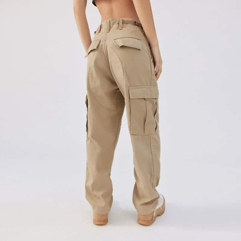 new customized spring high quality vintage solid color casual utility pockets cotton stacked women cargo pants