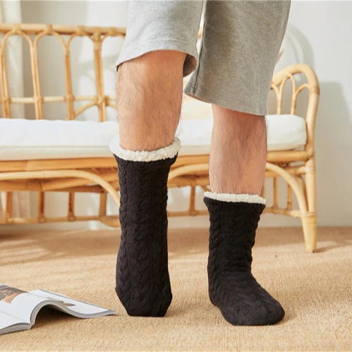 
Men Plush Lined Slipper Socks Non Skid Sole Knit Warm Cozy Soft Footwear Socks Plush Lining Slipper Socks 