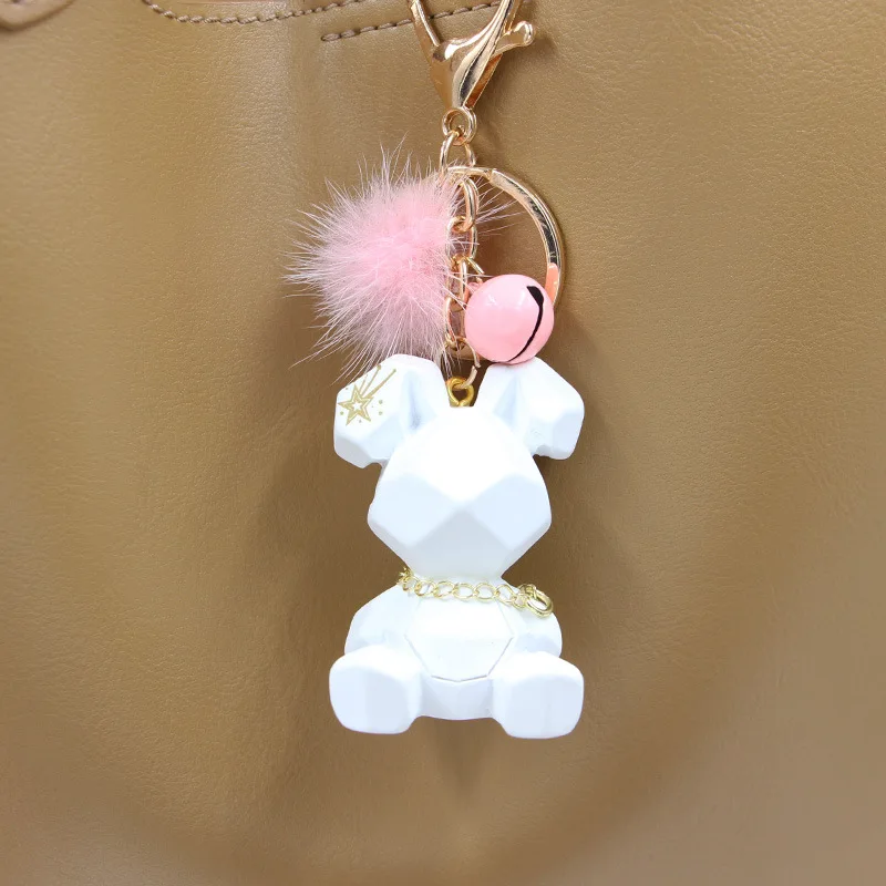 Cute Little Rabbit Bell Fur Ball Keychain Cartoon Rubber 3D Anime Geometric Rabbit Keychains Bag pendant Car keychain Small Gift
