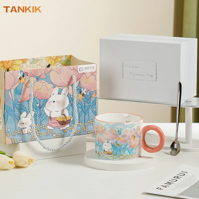 Rabbit&tiger Cup Mug Lid Gift Porcelain Good Gift Choice Cute Silicone for Friend Family Ceramic Coffee Mugs Round Sustainable