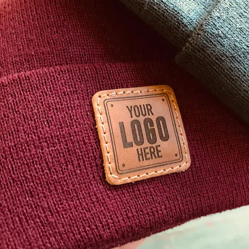 Custom Beanie Patch Hat | Leather Patch Winter Beanie ADD YOUR LOGO Company Employee Hats