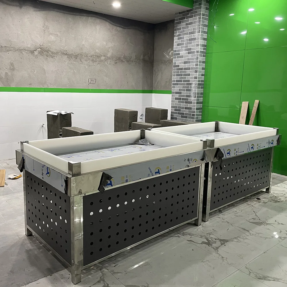 Customized 304 Stainless steel fish on ice table seafood stand fishes on sale display supermarket fish display table
