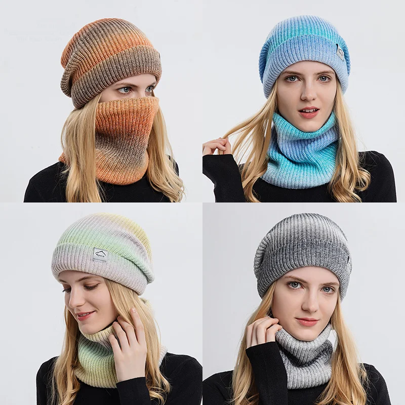 Spot outdoor warm pullover scarf hat set thick knitted adult gradient fashion ladies winter hats