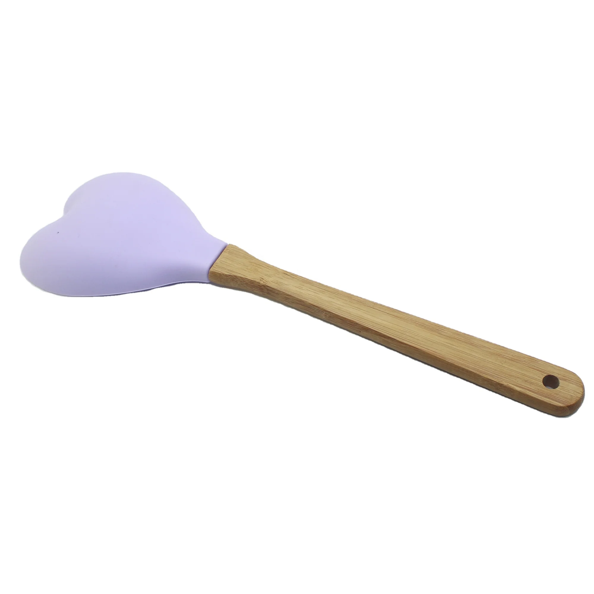Best selling purple heart shaped non slip bamboo handle hanging kitchen silicone spoon