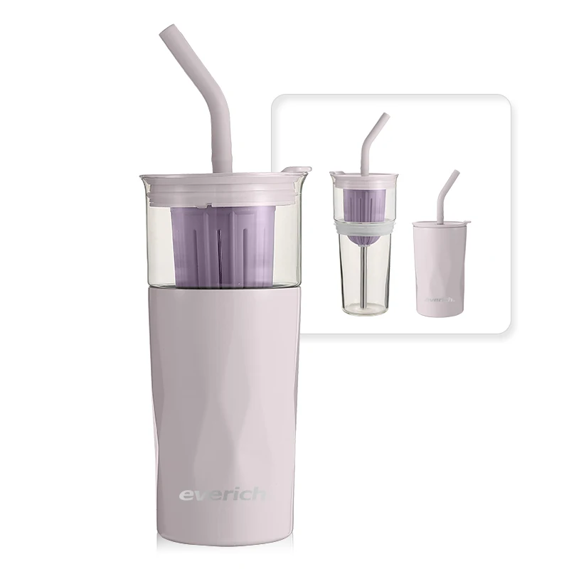 Everich Safe Material Tea mesh filter 304 Stainless steel High borosilicate glass tumblers coffee mugs with 2 in 1 cups
