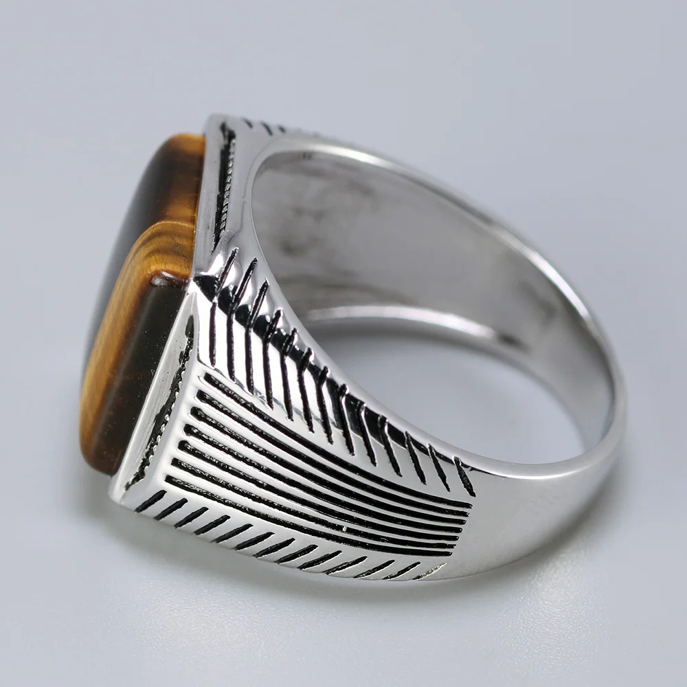 New Arrival Sterling Silver 925 Man Ring Tiger Eyes Fine Jewelry Stripe Pattern Natural Stone Cool Retro Punk Custom Jewelry