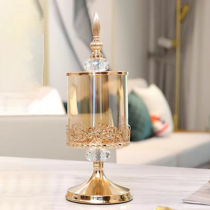 French Luxury Crystal Candy Container Living Room Food Storage Clear Glass Jar with Lid Flower Edge