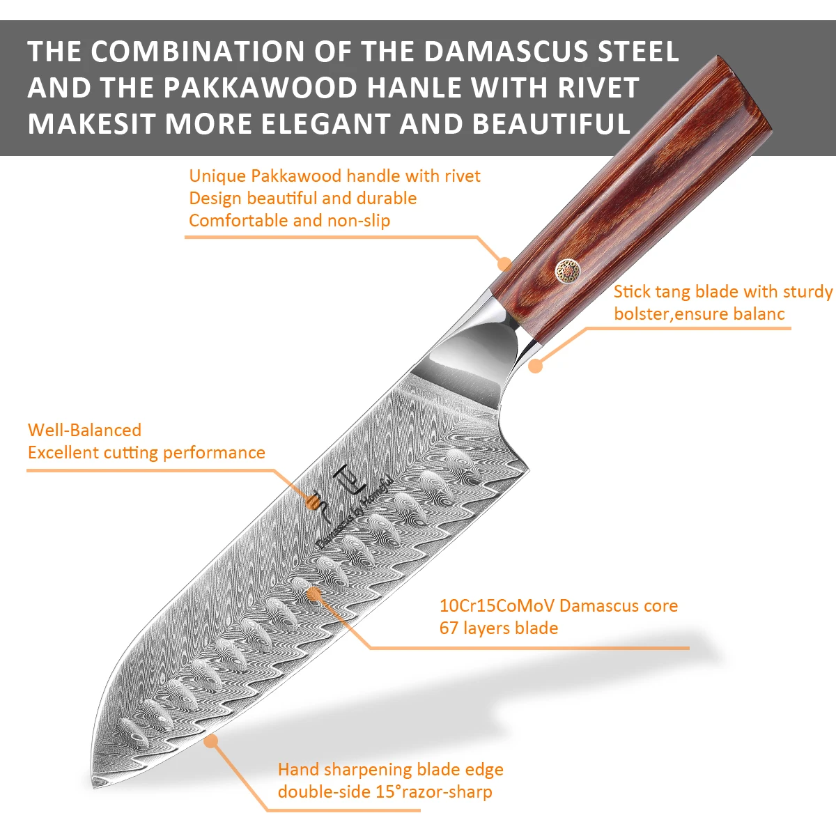 Лидер продаж 7 5 дюймов японский стиль Santoku шеф-поварский нож из дамасской стали с пользовательским логотипом Pakka деревянной ручкой и заклепками