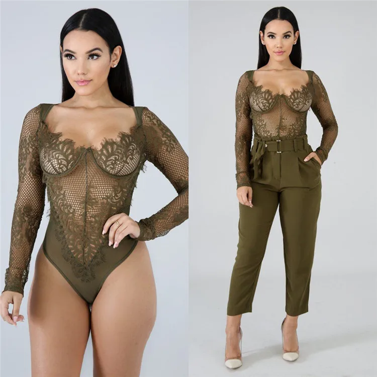 Vintage Embroidered Lace Polka Dot Long Sleeve One Piece Lace Bodysuit Mesh sexy lingeries women underwear