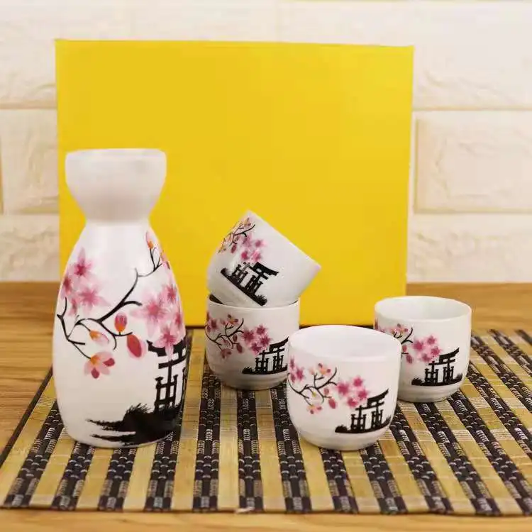 Chinoiserie Ceramic Pottery Sake Pot Wine Bottle 4 Cups Ceramic Sake Sets