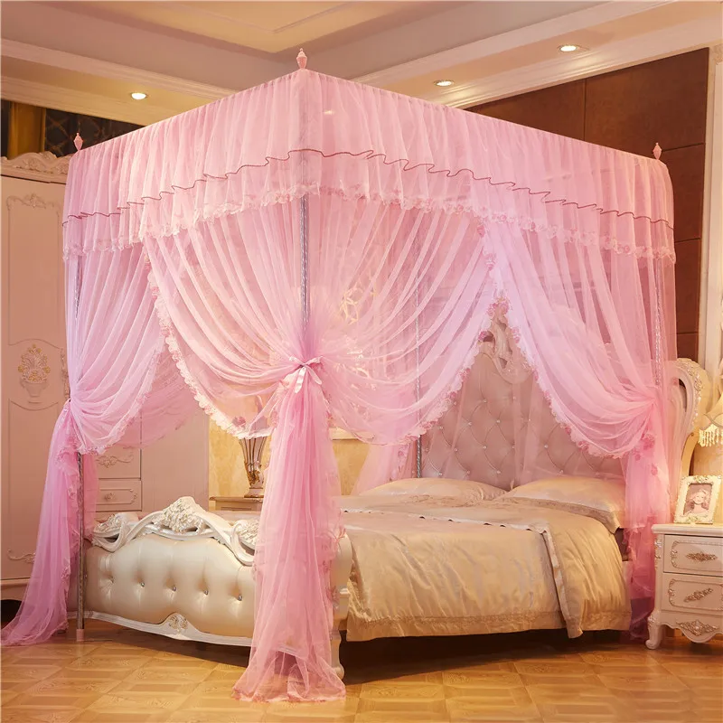 Wholesale Princess Stainless steel Frame rectangular Palace Curtain Lace King Size Bed Mosquito Net