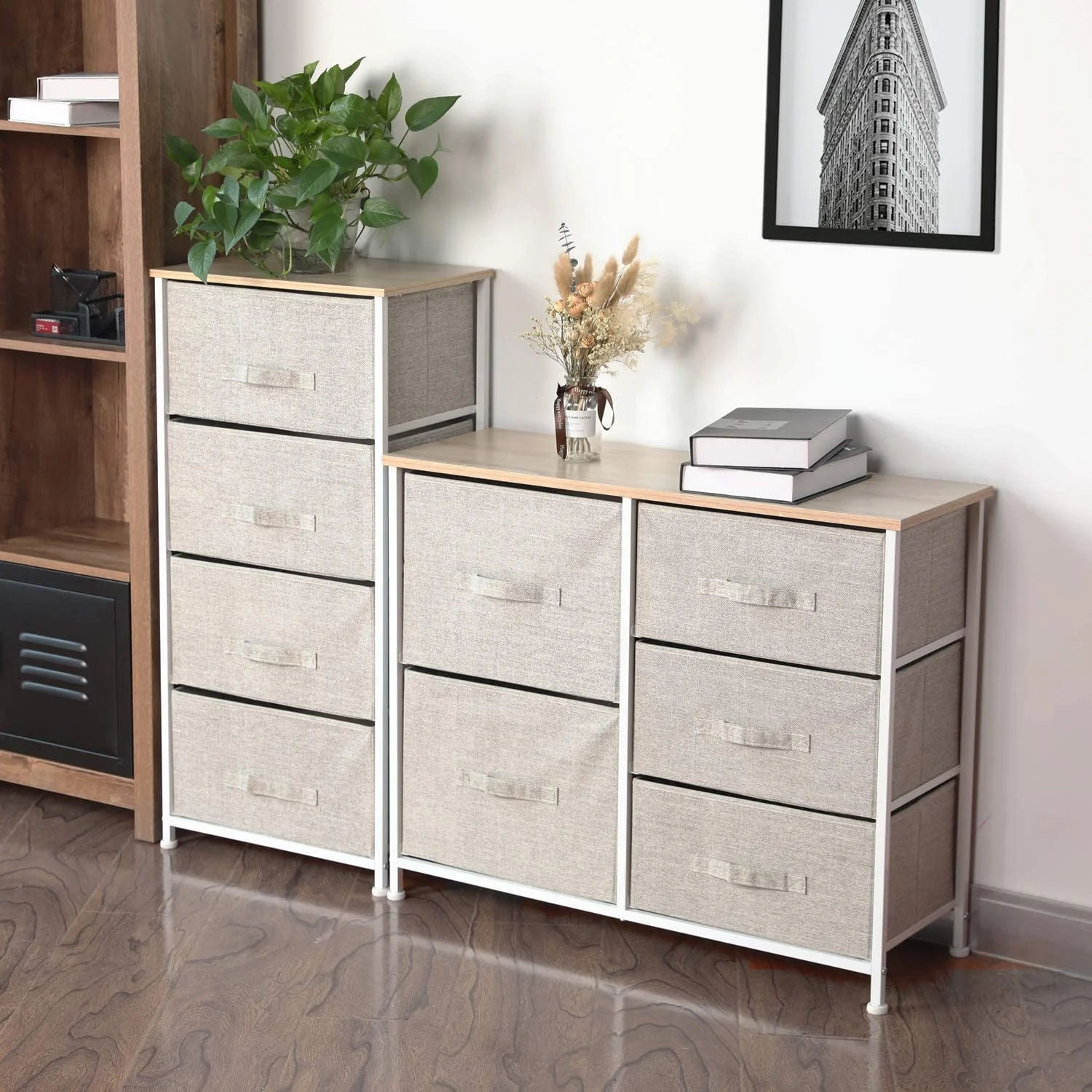 Steel frame New Deisegn Fabric Boxes 5 Drawers - Linen/Natural Design Vertical Dresser Storage Tower