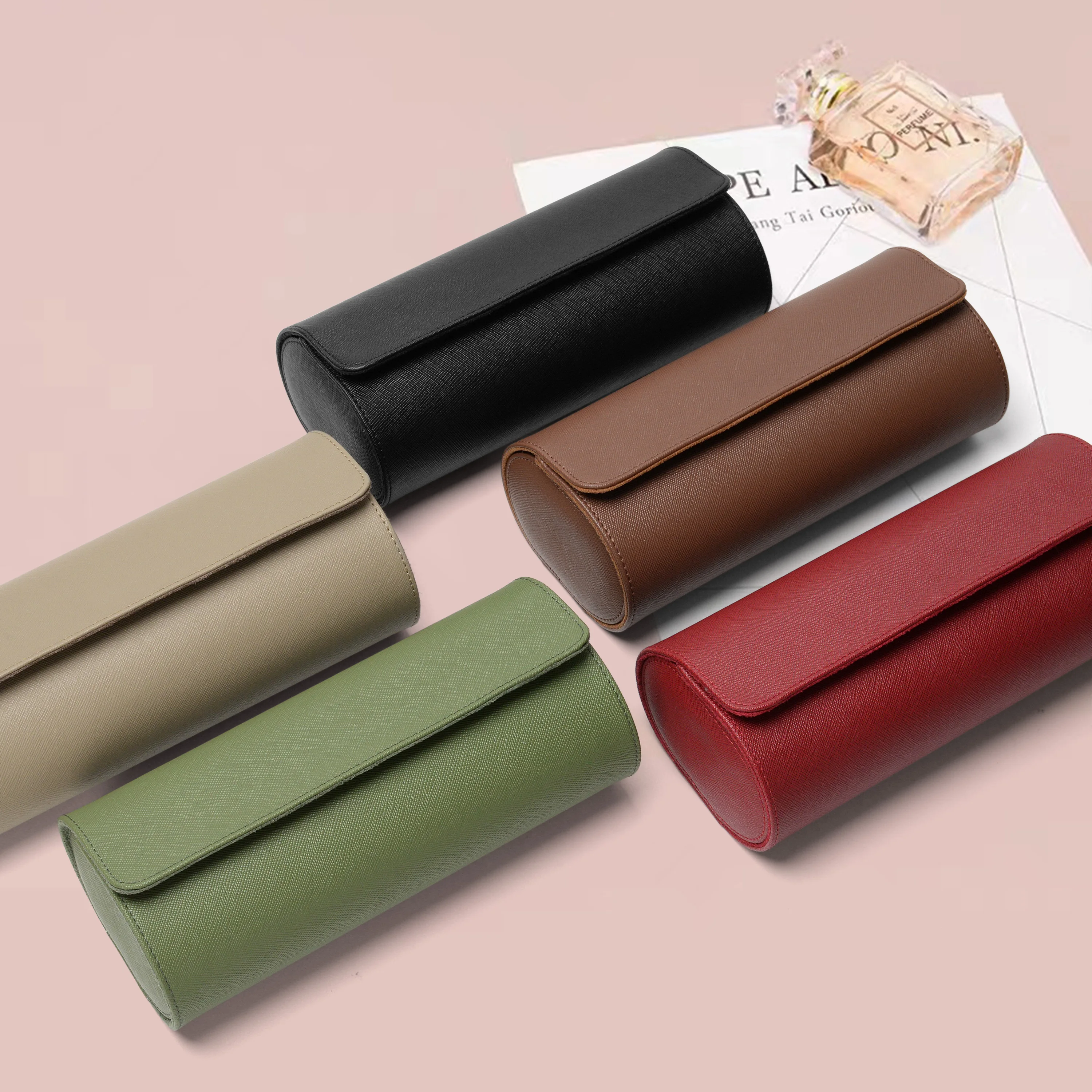 Forest Green Noble Smooth Leather 3 Slots Watch Case Collection Watch Roll Case For Christmas Gift