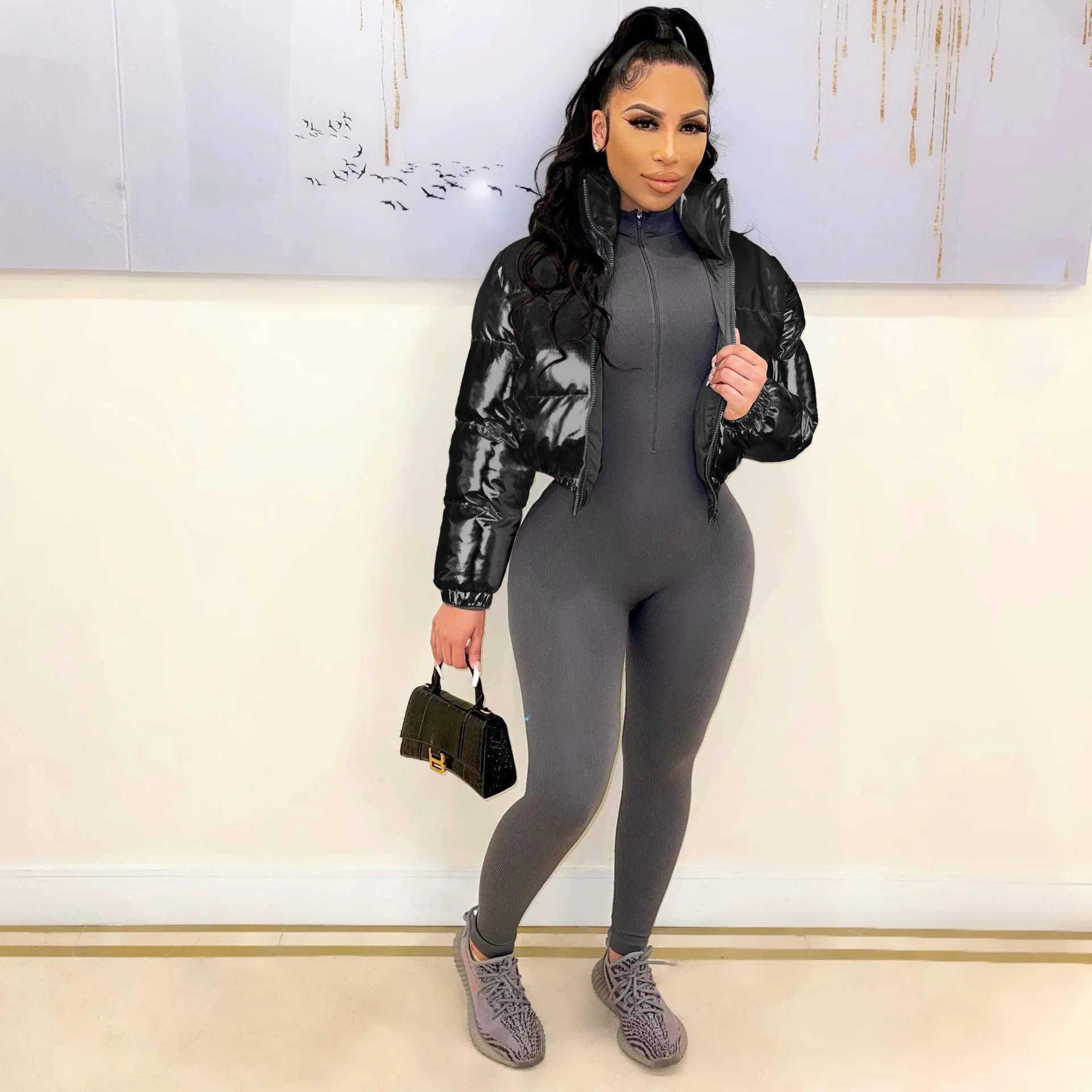 New women fashion gilded glossy casual short trendy cotton jacket with zipper winter coats for ladies