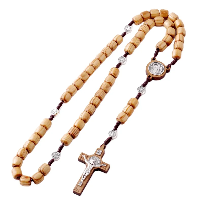 10*10mm dia Cylinder Beads Wooden Beads Knot Woven Rugged Rosary Religious Catholic Gifts Men Prayer Charm St.Benedict Necklace