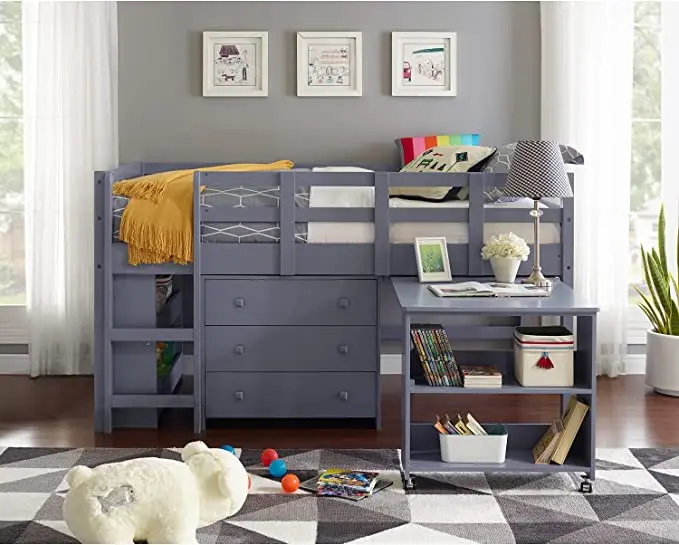 Twin Size Loft Bed with Desk Study Kids Storage Low Loft Bed Twin for Kids with Cabinet Ladder Safety Guard Rails Bookcase Shelf