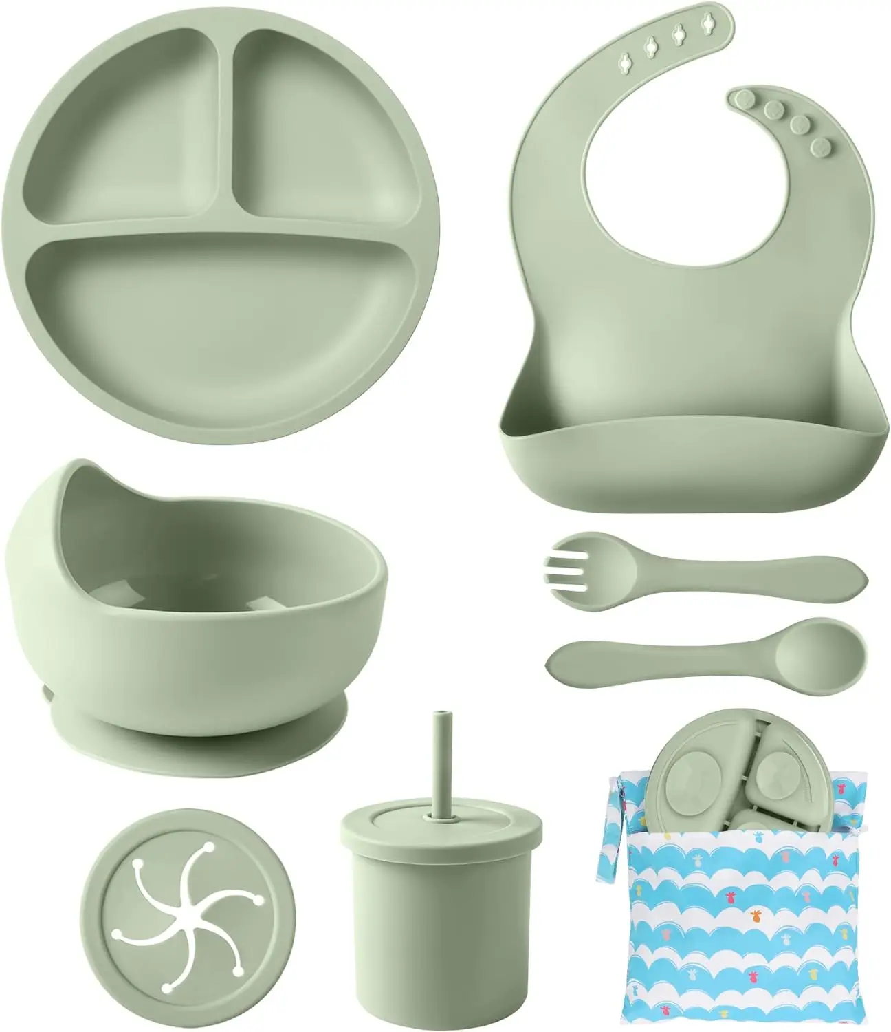 New Factory Price Silicone Baby Feeding10 Pcs Weaning Supplies Set With Suction Bowl Divided Plate Bib Spoon Fork Lid Snack Cup