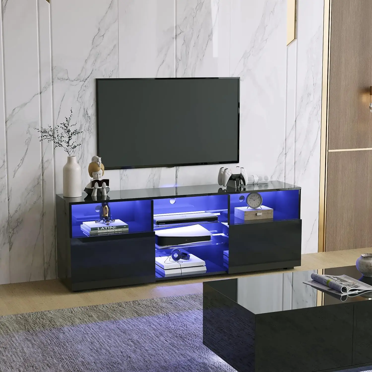 LED Stand for 65 inch TVs, Modern Stand with LED Lights  High Glossy Cabinets Console Entertainment Center with Storage Shelves