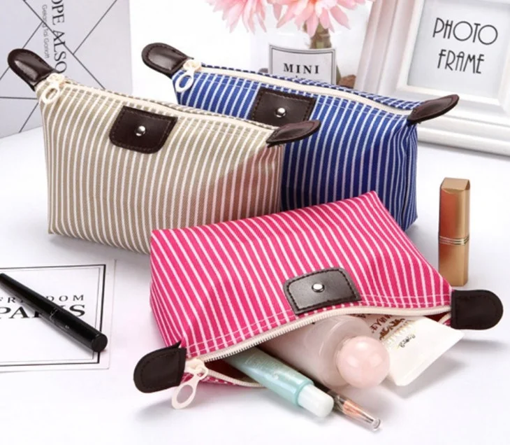 Cheap PU Leather Travel Bag Women Fold Organizer Stripe Promotion Cosmetic Bag Toiletry Pouch Portable MakeUp Female Wash Case