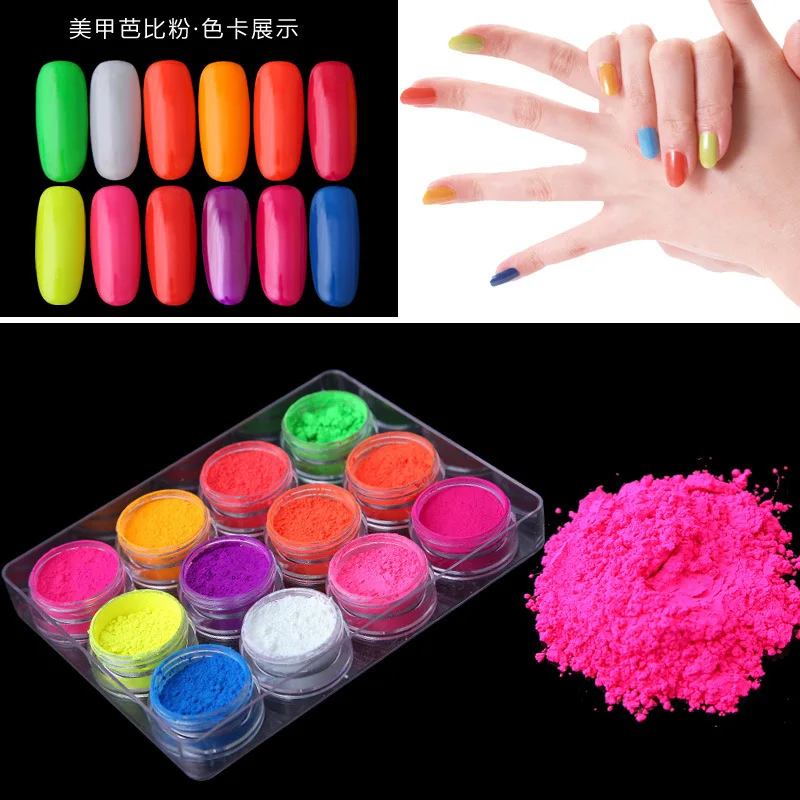 Hot Sale Nail Art  Iridescent Glitter Ultrafine Luminous Pearlescent High-Gloss 12 Colors Neon Pigment Nail Powder