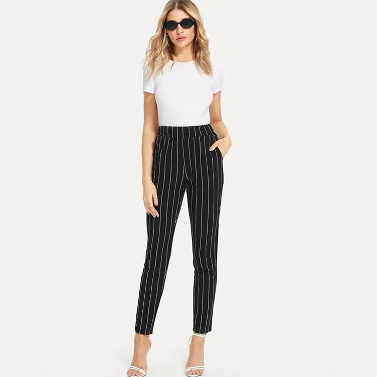 OEM Custom High Quality Tapered Elastic Waist Pinstripe Cigarette Pant Casual Dress Pants