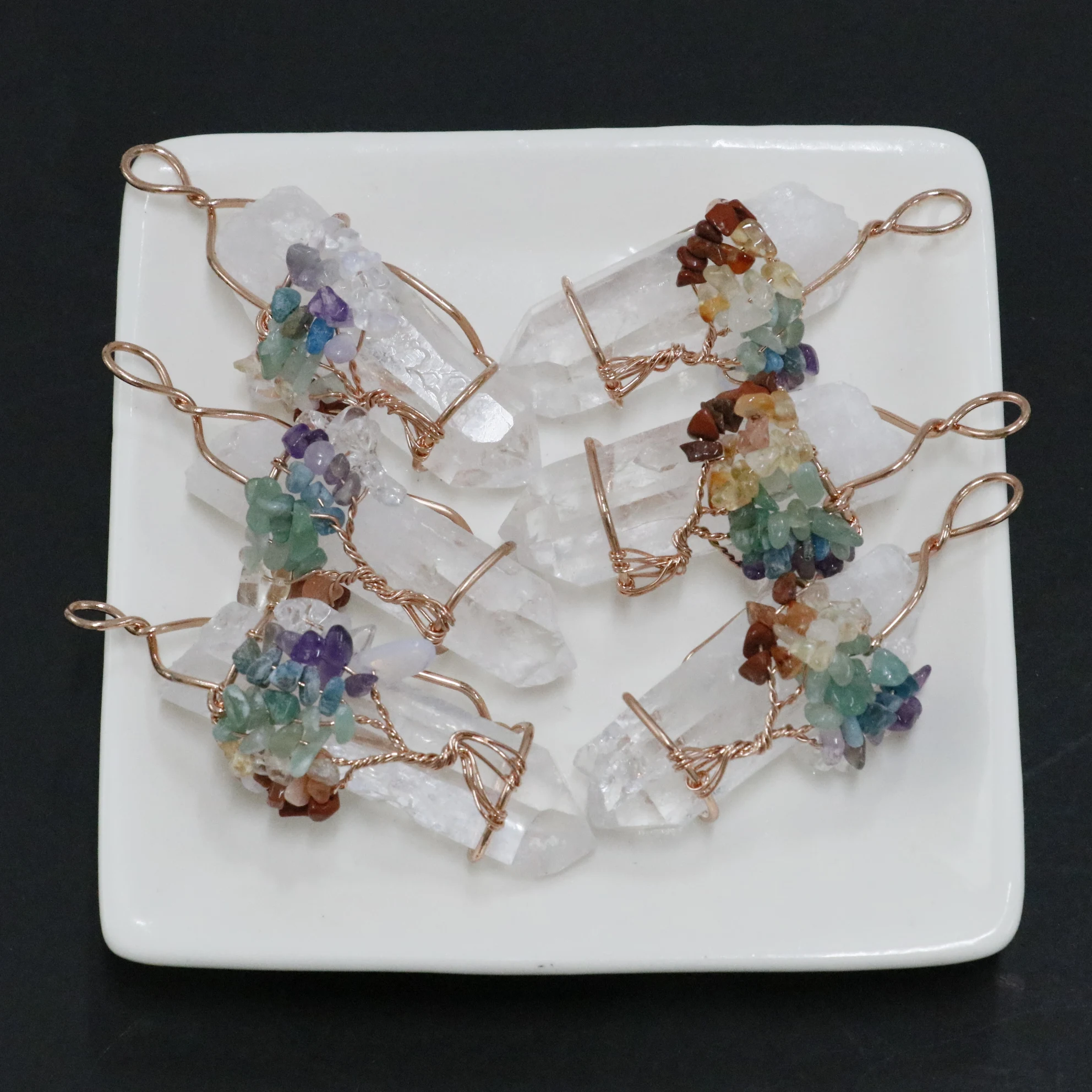 Wholesale Natural Crystal Pendant Crystal Tree  Original Stone Hexagonal Prism Quartz Pendant