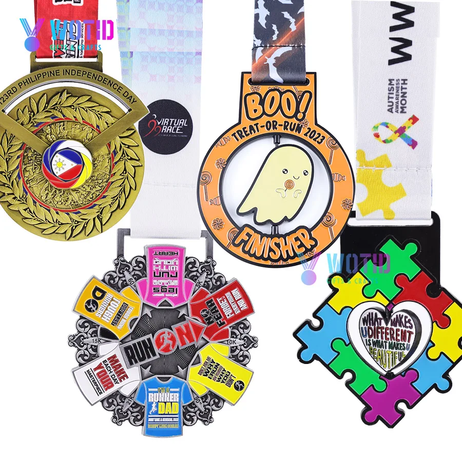 WTD изготовленный на заказ завод медалей более 10 лет Пользовательский логотип виртуальный бег вызов финишер медали с прядением
