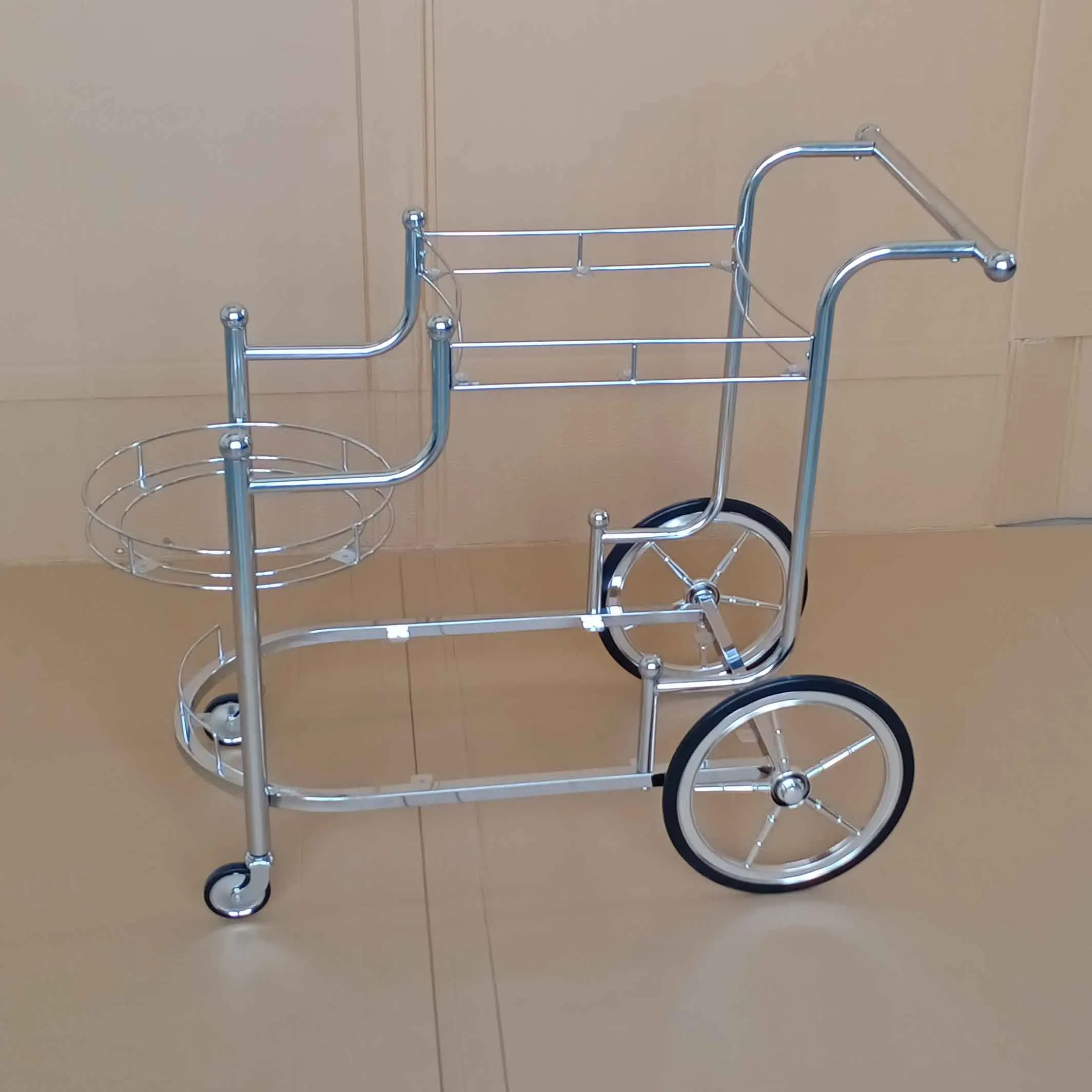 Custom Luxury Metal Drink Wine Display Racks Trolley Gloss Silver Bar Cart
