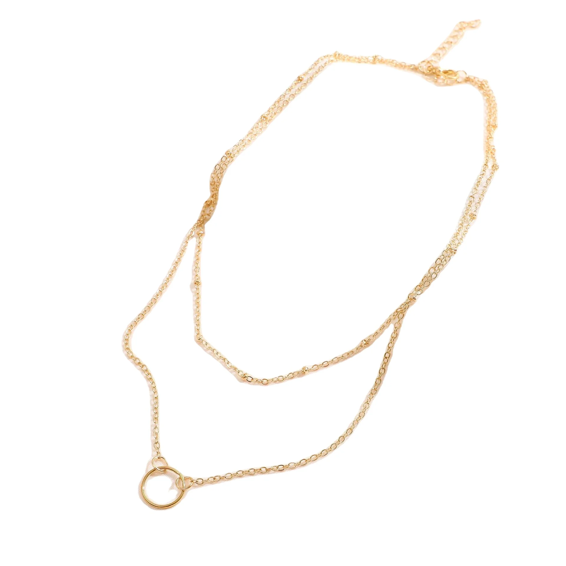 Cross-border Vintage Minimalist Double Layer Collarbone Chain Copper Bead Loop Pendant Necklace