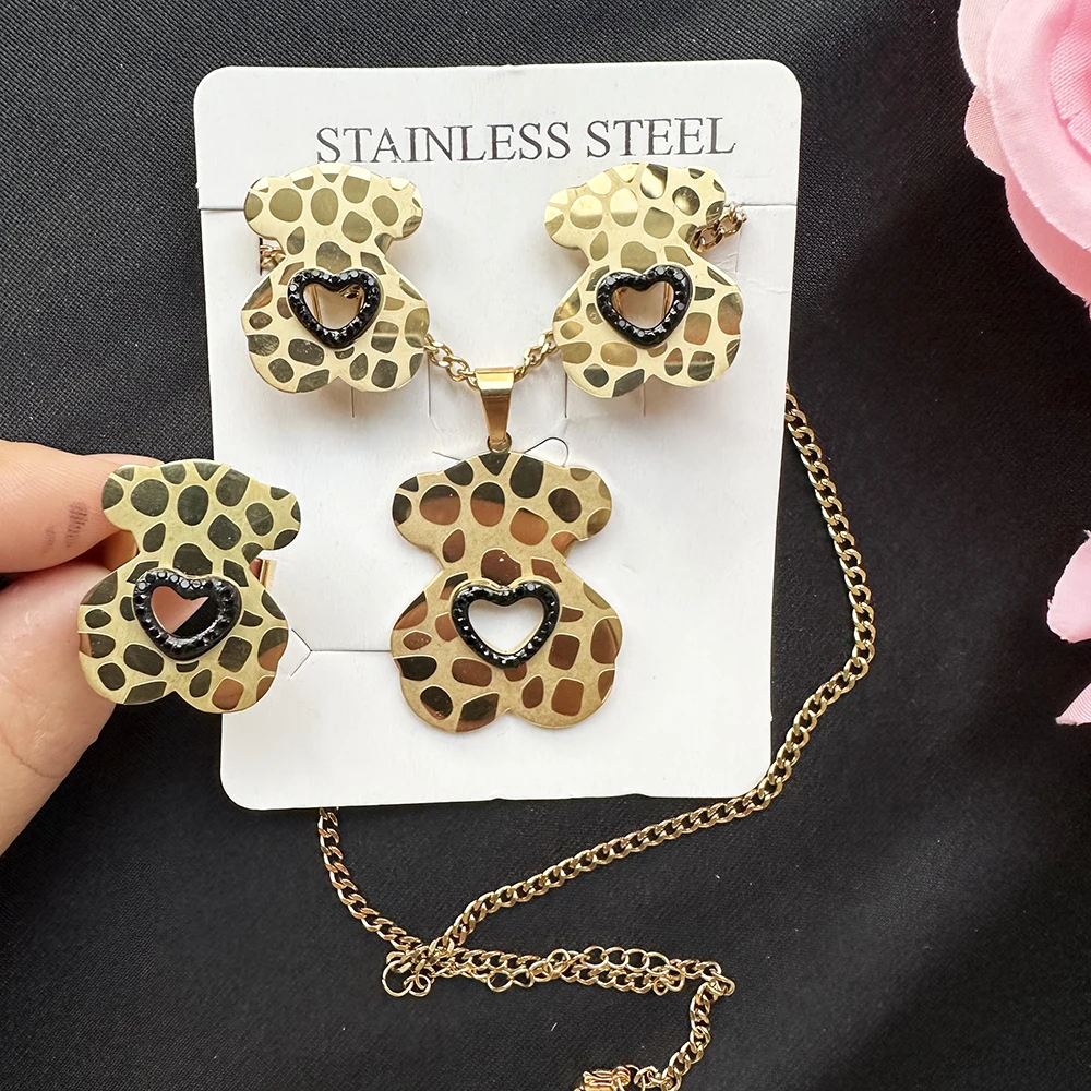 Women Cute Jewellery Set In Stainless Steel Lovely Bear Girl Necklace Pendant 18K Gold Plated Jewelry Sets