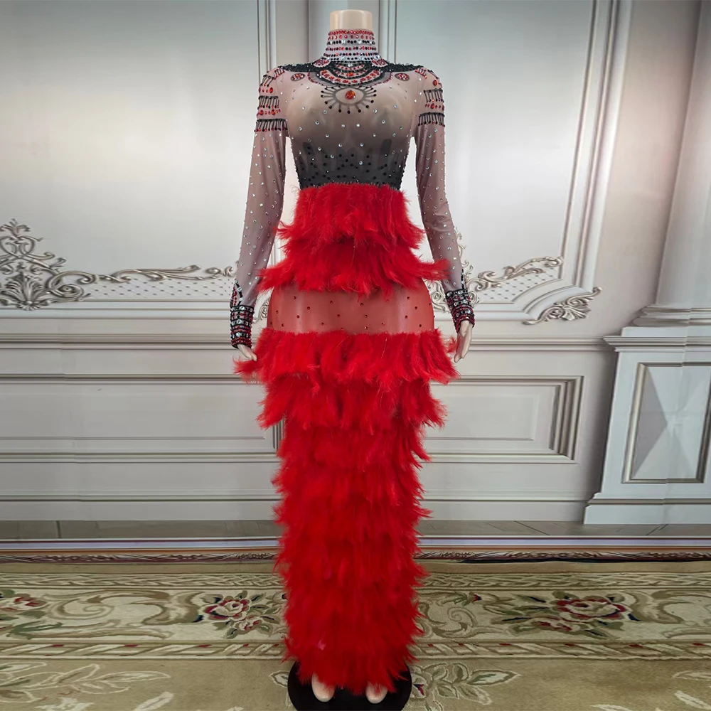 AD1447 Kimshein Women Fancy Long Sleeve Split Mesh Fabric Red Feathers Crystal Dress Party Evening Performance Clothing