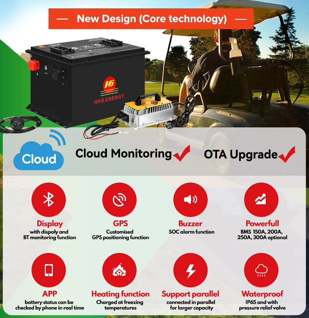 HHS Golf Cart Battery 36V 48V 72V long life lifepo4 battery cell golf cart battery lithium 48 volt 70ah 105Ah 160Ah