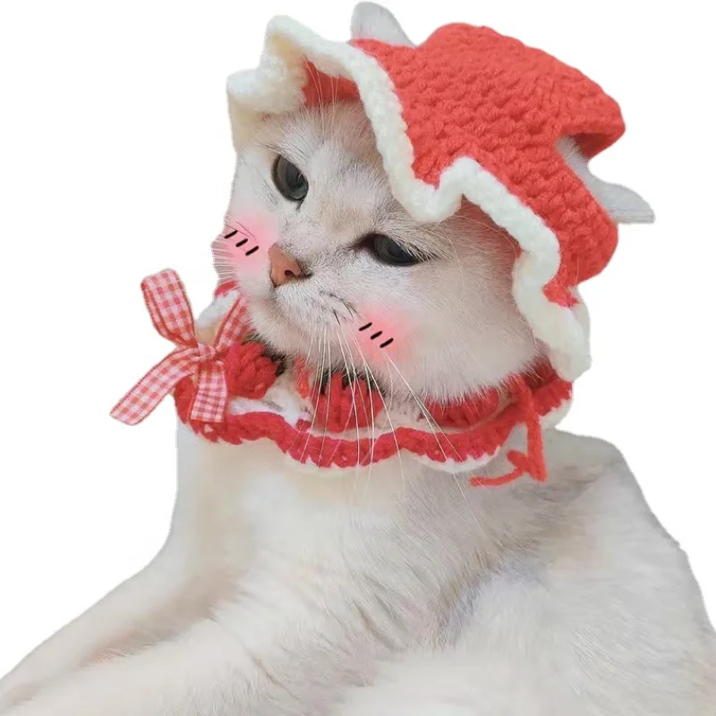 Hand Knitted Pet Head Cover Funny Cute Costume Cat Hat Crochet Headwear for Cat Dog Puppy Party