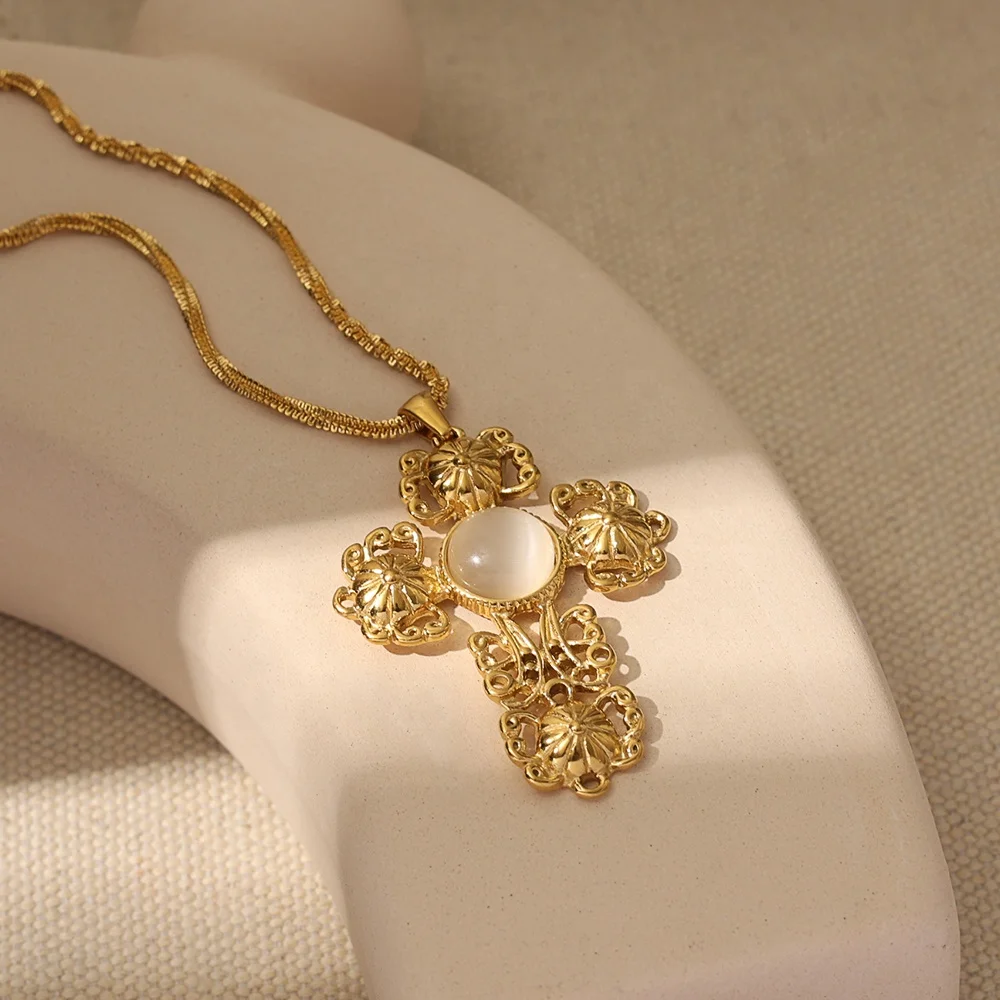 Vintage Stainless Steel Large Cross Charm Necklace Statement Jewelry Religious Accessories Necklaces Opal Cross Pendant Necklace