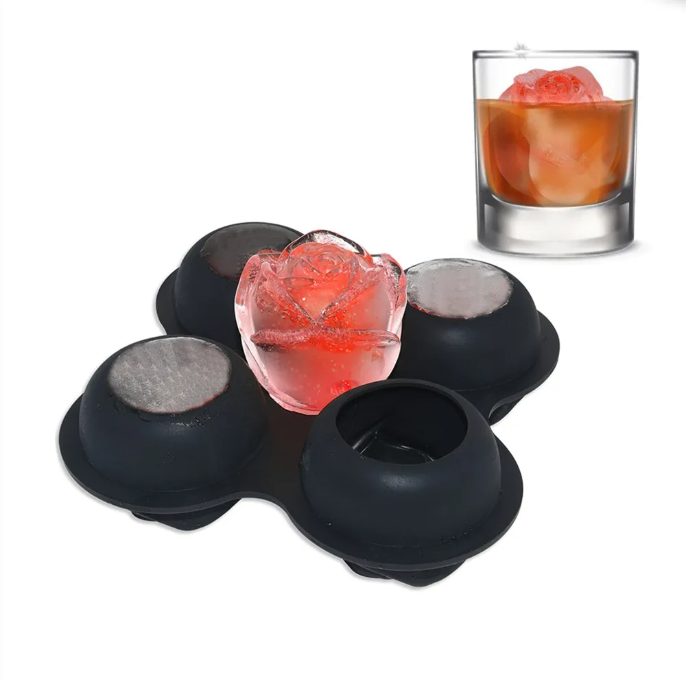 Wholesale Flexible Round Whiskey Ice Cube Tray BPA Free 4 Cavity Rose Shaped Silicone Ice Mold Maker for Homemade DIY