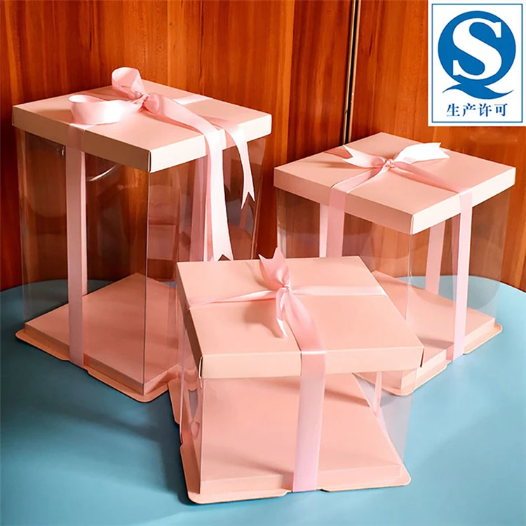 Wholesale 10 Inch Luxury Custom Pink Square Transparent Cake Box PVC PET Birthday Party Plastic Cake Box With Lid